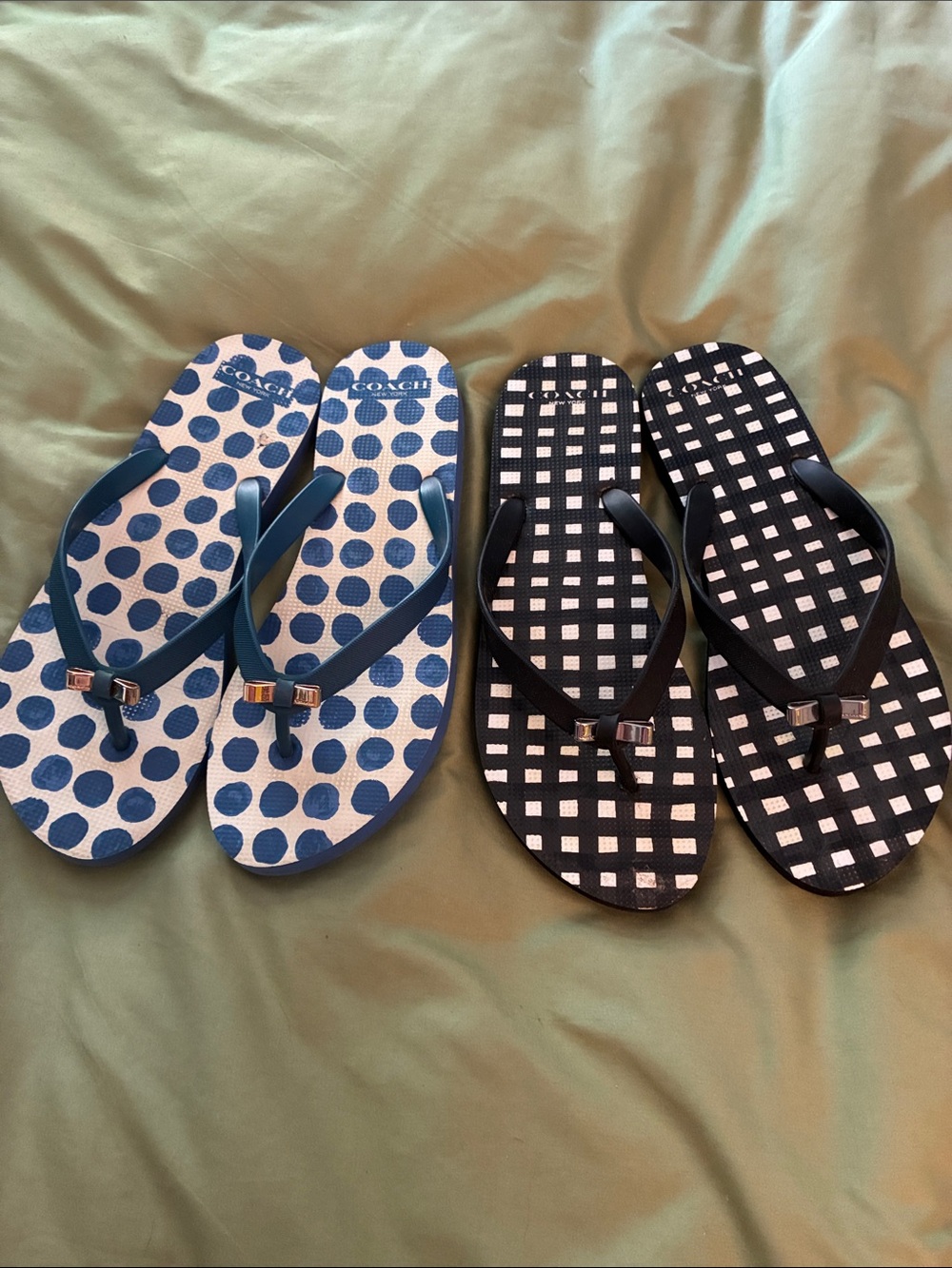 Coach Blue Polka Dot & Black Gingham Flip Flop Duo